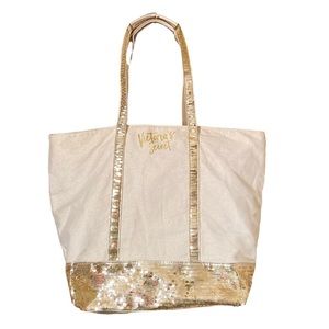 Victoria’s Secret Women’s Gold Sequin Canvas Tote Bag Large Y2K Beach Shopper